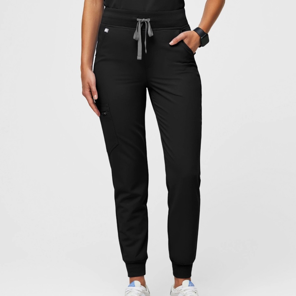 NWT FIGS Women's High Waisted Large, Black jogger style scrubs with Gray Accents